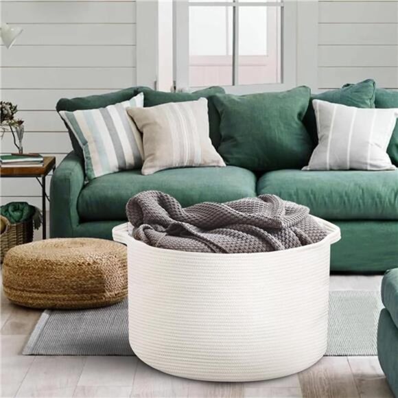 White Rope Storage Baskets,22" X 22" X14" Extra Large Blanket Basket Living Room - Picture 6 of 7